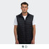 A black unisex puffer vest featuring a zip-up front and a hood, displayed on a model wearing a white T-shirt.