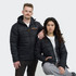 Two models wearing black puffer jackets, one with a hood, posing against a neutral background.