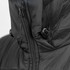 A close-up of a black women's puffer jacket featuring a zip and adjustable toggles. The fabric appears smooth and insulated.