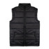 A black puffer vest with a high collar and front zip, featuring two side pockets and a logo.