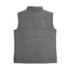 A grey women's puffer vest featuring a high collar and chevron quilted design, with a logo on the back.