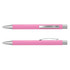 A pink metal pen featuring silver accents and a clip, displayed from two angles. It has a logo on the barrel.