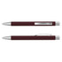 A maroon metal pen featuring silver accents and a clip, showcasing a sleek and elegant design.