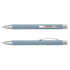 A metal pen in a soft blue colour with silver accents and a clip. The design is sleek and modern.