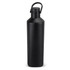 A drink bottle in matte black with a sturdy handle and a secure lid. It features a branding logo.