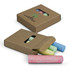 A cardboard box contains several pieces of jumbo sidewalk chalk in pastel colours, including pink, blue, green, and yellow.
