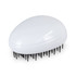 A white hair detangler with black bristles, shaped like a smooth, curved pebble. It has a logo on the surface.