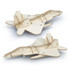A wooden model of a jet fighter, featuring a beige finish and detailed cut-outs. It has a logo on the surface.