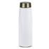 A drink bottle in white with a metallic grey lid, featuring a sleek, tapered design and a logo.