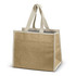 A jute cooler bag in natural brown with cream handles, featuring a silver insulated interior.