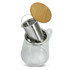 A clear glass teapot with a stainless steel infuser and a bamboo lid. Features a simple, elegant design.
