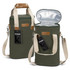 A wine cooler bag in green with a shoulder strap and a leather handle, featuring a removable lid and logo.