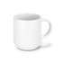 A stackable white coffee mug with a smooth finish and a rounded handle, featuring a simple design with a branding logo.