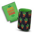 A drink bottle cooler featuring a green exterior and a black interior, decorated with apple graphics and a logo.