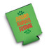 A bright green reversible stubby cooler featuring a festive design with leaves. It has a logo or branding detail.