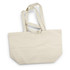 A large, beige tote bag with two long handles and a spacious interior. It features a simple design and has a logo.