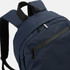 A navy blue backpack with padded shoulder straps and a front zip pocket, featuring a logo on the front.