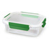 A glass lunch box with a clear body and green silicone clips, featuring a fitted lid for secure closure.