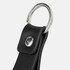 A black leather key ring with a silver metal loop and snap button detail.