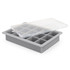 A grey ice tray with a clear lid featuring nine sections for ice cubes.