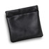 A black leather pouch with a smooth finish and a silver clasp at the top. It features a subtle logo.