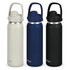 A drink bottle set featuring three colours: white, navy blue, and black. Each has a handle and a sleek design.