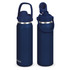 A drink bottle in navy blue with a silver band and a flip-top lid, featuring a carry handle and branding.