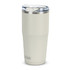 A drink bottle in light grey with a stainless steel lid, featuring a logo. It's designed for drinks and has a 600ml capacity.