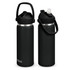 A drink bottle with a sleek black finish, featuring a flip straw and a carry handle, with a logo on the side.