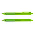 A bright green gel pen featuring a translucent barrel and a clip, with a branding logo present.