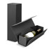 A black wine gift box with a wine bottle inside, featuring a sleek, modern design and a logo on the exterior.