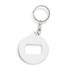 A drink bottle opener key ring in white, featuring a circular design and a silver metal key ring attachment.