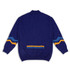 A blue knitted jumper featuring vibrant yellow and turquoise stripes on the sleeves and back.