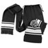 A black scarf with white stripes and a matching black beanie with a pom pom, both in a drawstring bag.
