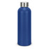 A drink bottle in a deep blue colour with a stainless steel cap and a smooth finish. The bottle features a logo.