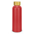 A drink bottle in vibrant red with a gold cap and a smooth, matte finish. Features a logo on the surface.