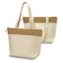 A cream cotton cooler tote bag with a brown fabric panel and long handles, featuring a zip closure and a logo.