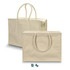 A beige shopping cooler tote with two handles and a zipper, featuring an exterior pocket and branding on the front.