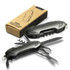 A multi-function pocket knife in black, featuring various tools, displayed with its packaging.