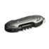 A black multi-function pocket knife with a shiny finish and a logo. It has various tools integrated into its design.