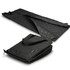 A black picnic blanket laid out flat, featuring a quilted texture, with a folded version showcasing a carrying handle.