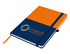 A notebook with an orange and navy blue cover, featuring a logo and an elastic band closure.