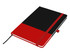 A black and red A5 notebook featuring a contrasting design and an elastic closure. It has a ribbon marker and a logo.