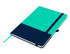 A A5 notebook featuring a turquoise and navy design, with an elastic band and a ribbon bookmark, and includes a logo.