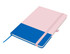 A pink and blue A5 notebook with a ribbon bookmark and an elastic closure. It features a branding logo.