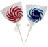 Two large lollipops with red and white swirls and blue and white swirls, both wrapped in clear plastic with a logo.