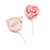 Two medium pink and white swirl lollipops, each individually wrapped with a sticker and featuring a logo.