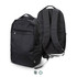 A black recycled backpack with padded straps and a front pocket, featuring a logo on the side.