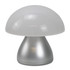 A stylish table lamp with a frosted white mushroom-shaped shade and a silver base.