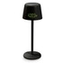 A black rechargeable table lamp with a round base and a cylindrical shade featuring a logo.